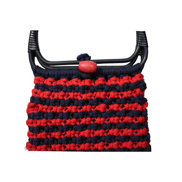 Vintage 60s Navy Blue Red Hippie Macrame Crochet Double Bangle Handle Tote Purse - Picture 3 of 6